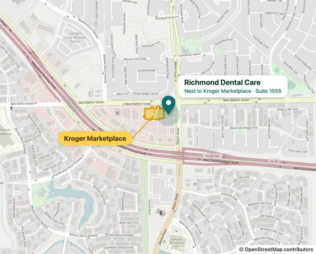 Map showing Richmond Dental Care at 8019 W Grand Pkwy S, Suite 1055, next to Kroger Marketplace at West Bellfort Street and Mason Road in Richmond, TX